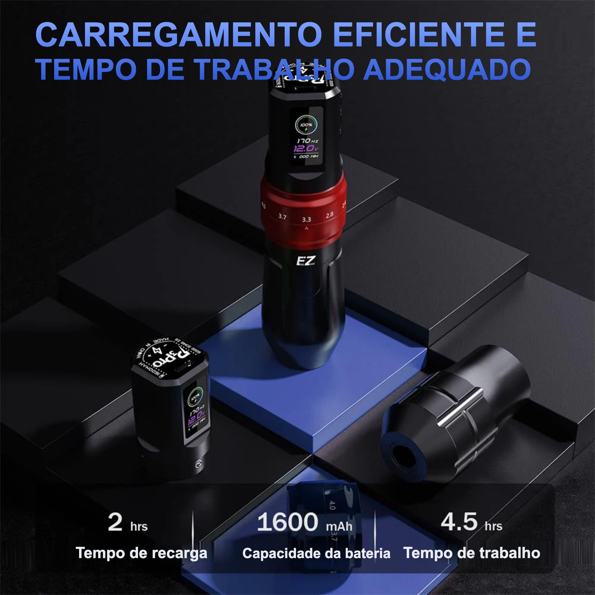 Carregamento eficiente — 2h de recarga, bateria de 1600mAh e 4,5h de trabalho