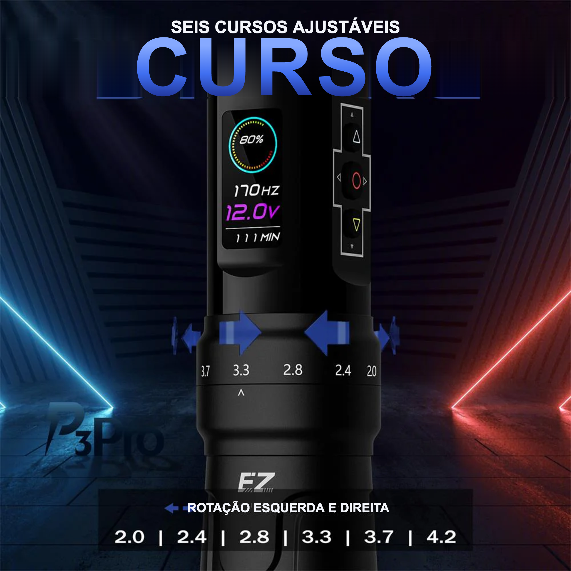 Seis cursos ajustáveis de 2.0 a 4.2mm